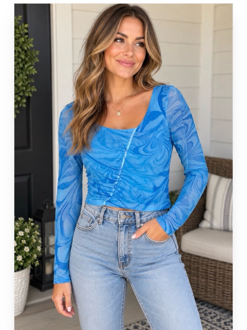 Forever 21 Blue Swirl Ruched Long Sleeve Top